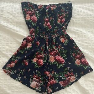 Women’s romper, strapless, floral, pink and navy, shorts, size S